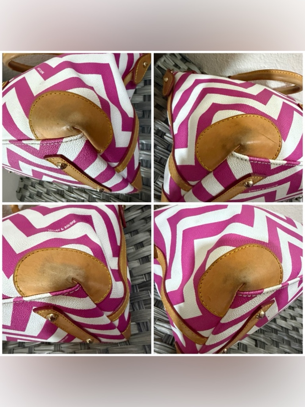 Dooney & Bourke Pink & White Geena Chevron Top Handle Satchel - Tan Leather Trim - Picture 10 of 16